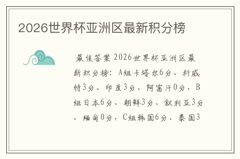 2026世界杯亚洲区最新积分榜