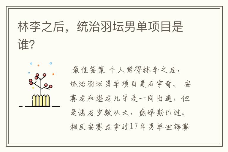 林李之后,统治羽坛男单项目是谁?
