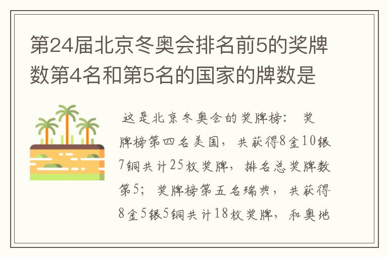 第24届北京冬奥会排名前5的奖牌数第4名和第5名的国家的牌数是多少?