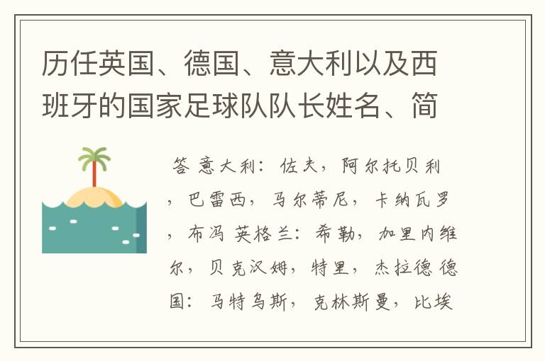 历任英国、德国、意大利以及西班牙的国家足球队队长姓名、简介?
