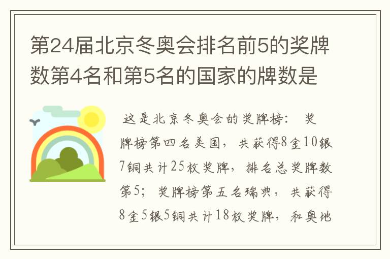 第24届北京冬奥会排名前5的奖牌数第4名和第5名的国家的牌数是多少?