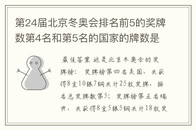 第24届北京冬奥会排名前5的奖牌数第4名和第5名的国家的牌数是多少?