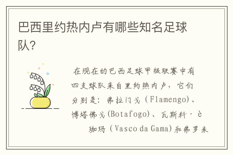 巴西里约热内卢有哪些知名足球队?