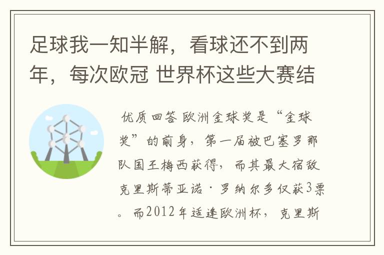 足球我一知半解,看球还不到两年,每次欧冠 世界杯这些大赛结束后不是都要评什么金球奖,金靴奖什么的吗?