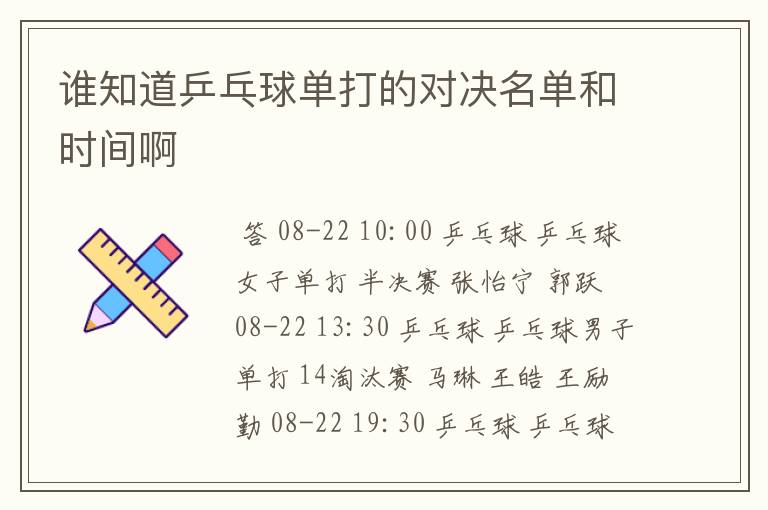 谁知道乒乓球单打的对决名单和时间啊