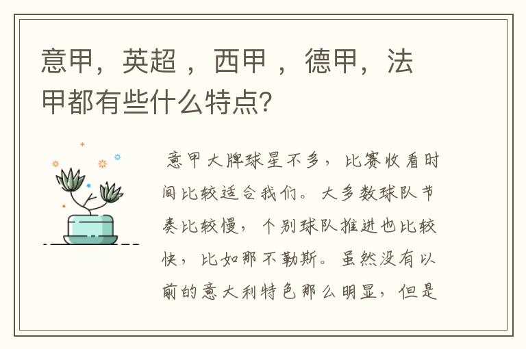意甲,英超 ,西甲 ,德甲,法甲都有些什么特点?
