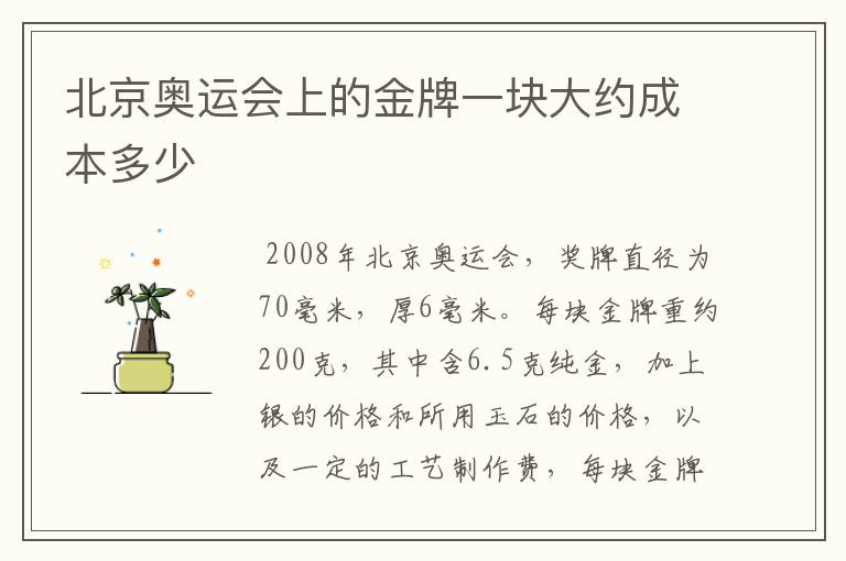北京奥运会上的金牌一块大约成本多少