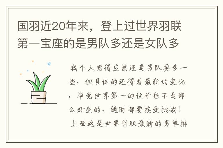 国羽近20年来,登上过世界羽联第一宝座的是男队多还是女队多?