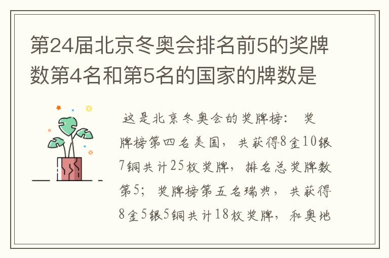 第24届北京冬奥会排名前5的奖牌数第4名和第5名的国家的牌数是多少?