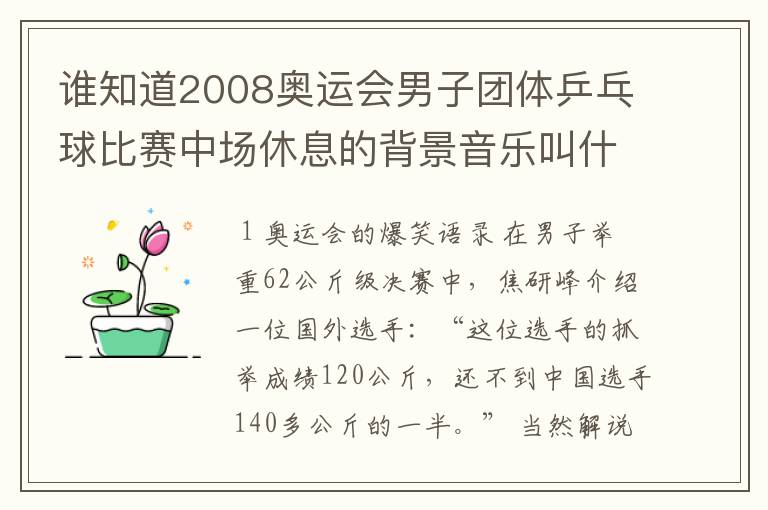 谁知道2008奥运会男子团体乒乓球比赛中场休息的背景音乐叫什么名字