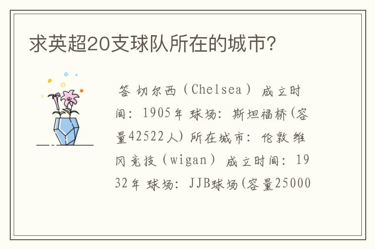 求英超20支球队所在的城市?