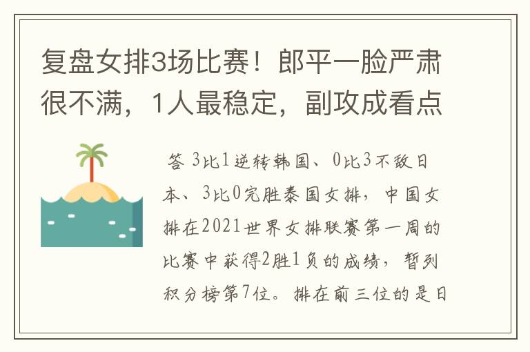 复盘女排3场比赛!郎平一脸严肃很不满,1人最稳定,副攻成看点