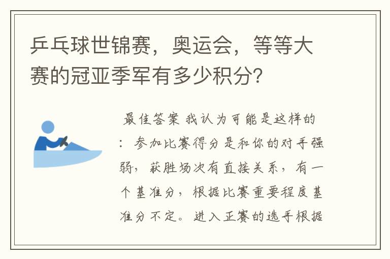 乒乓球世锦赛,奥运会,等等大赛的冠亚季军有多少积分?