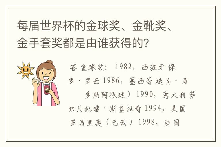 每届世界杯的金球奖、金靴奖、金手套奖都是由谁获得的?