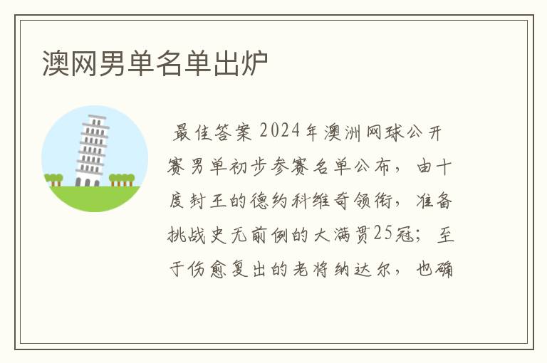 澳网男单名单出炉