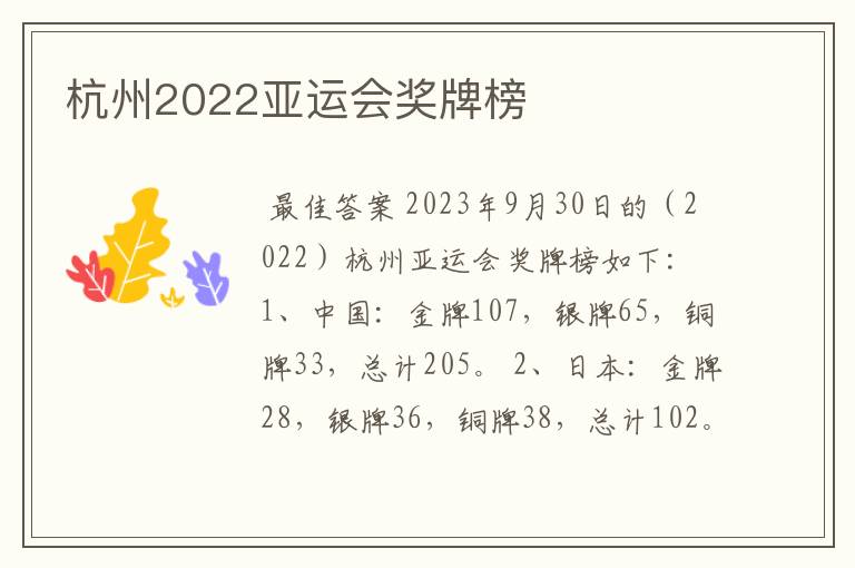 杭州2022亚运会奖牌榜