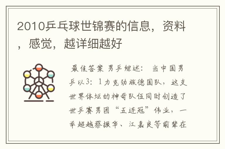 2010乒乓球世锦赛的信息,资料,感觉,越详细越好