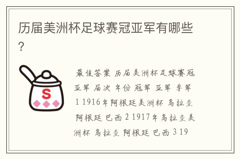 历届美洲杯足球赛冠亚军有哪些?