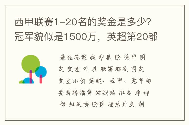 西甲联赛1-20名的奖金是多少?冠军貌似是1500万,英超第20都是4000万呀!