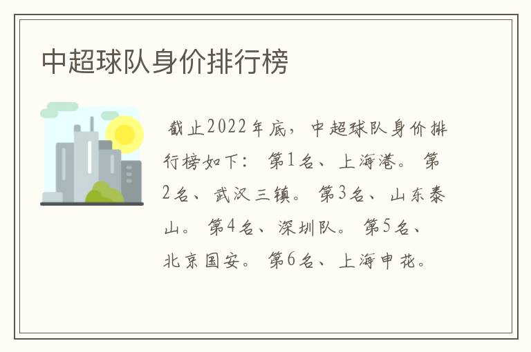 中超球队身价排行榜