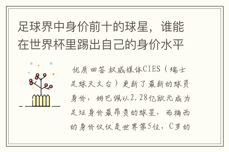 足球界中身价前十的球星,谁能在世界杯里踢出自己的身价水平?