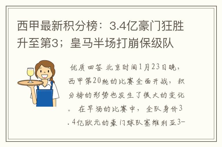 西甲最新积分榜:3.4亿豪门狂胜升至第3;皇马半场打崩保级队