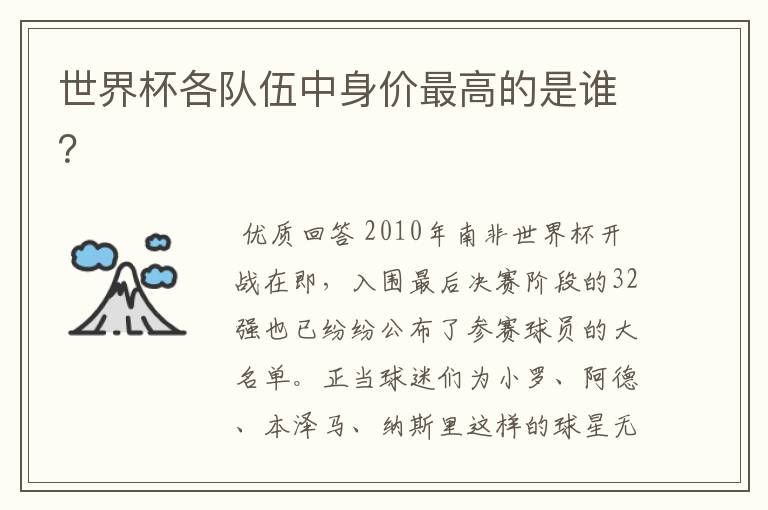 世界杯各队伍中身价最高的是谁?