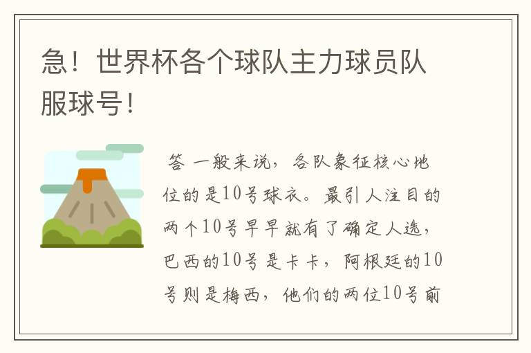 急!世界杯各个球队主力球员队服球号!