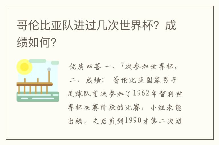 哥伦比亚队进过几次世界杯?成绩如何?