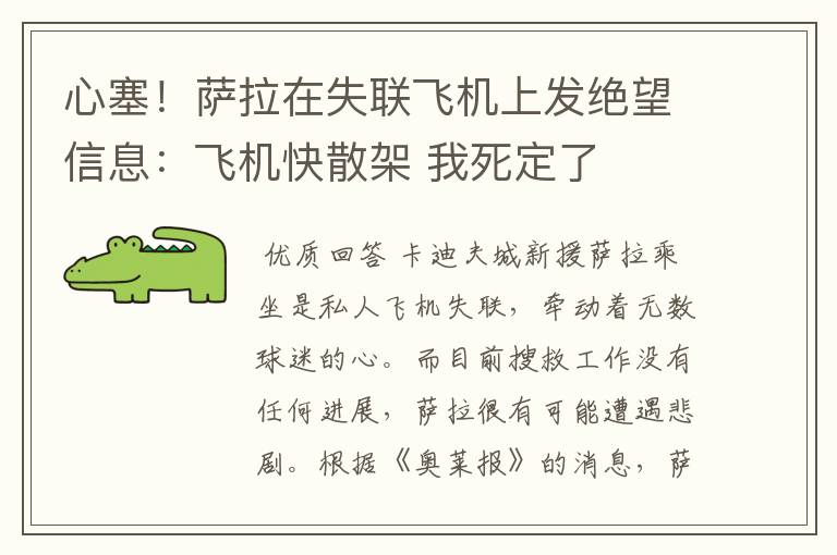 心塞!萨拉在失联飞机上发绝望信息:飞机快散架 我死定了