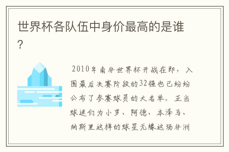 世界杯各队伍中身价最高的是谁？