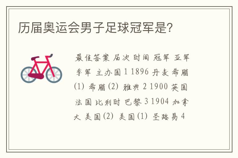 历届奥运会男子足球冠军是?