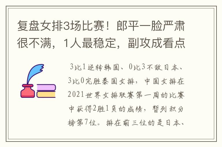 复盘女排3场比赛!郎平一脸严肃很不满,1人最稳定,副攻成看点