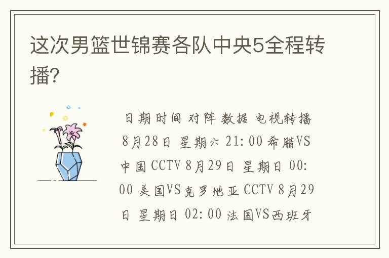 这次男篮世锦赛各队中央5全程转播?