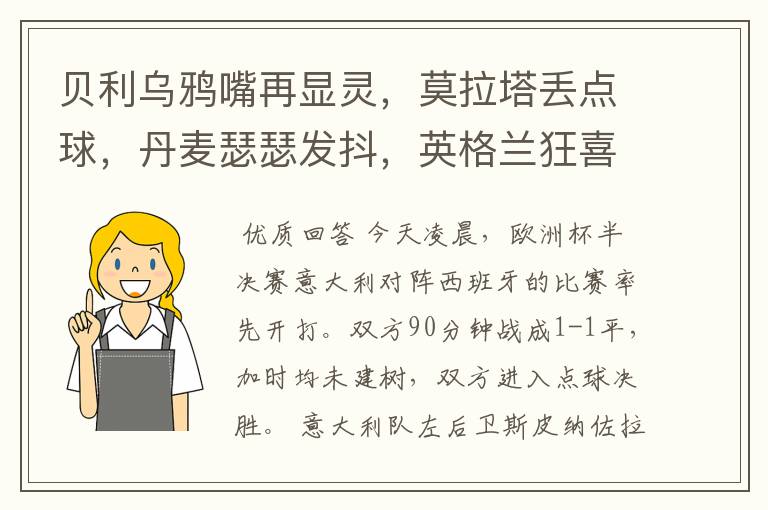 贝利乌鸦嘴再显灵,莫拉塔丢点球,丹麦瑟瑟发抖,英格兰狂喜