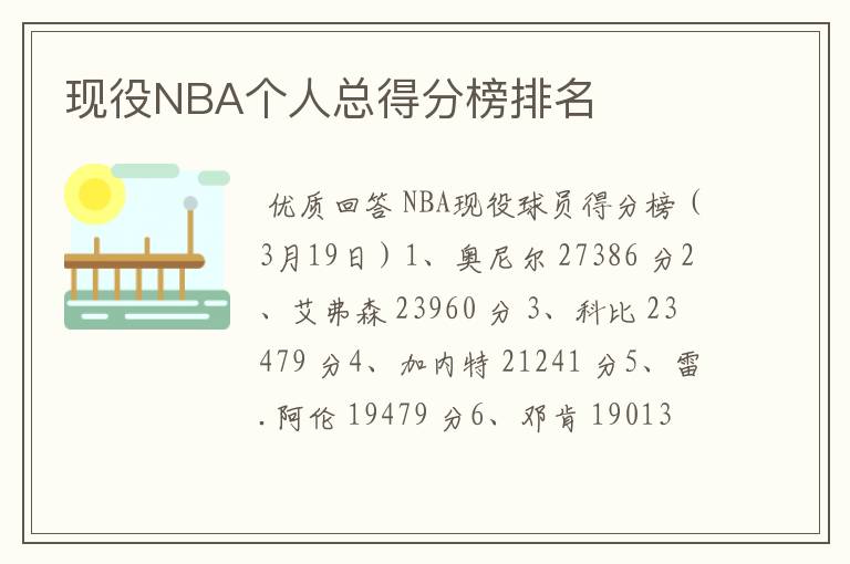 现役NBA个人总得分榜排名