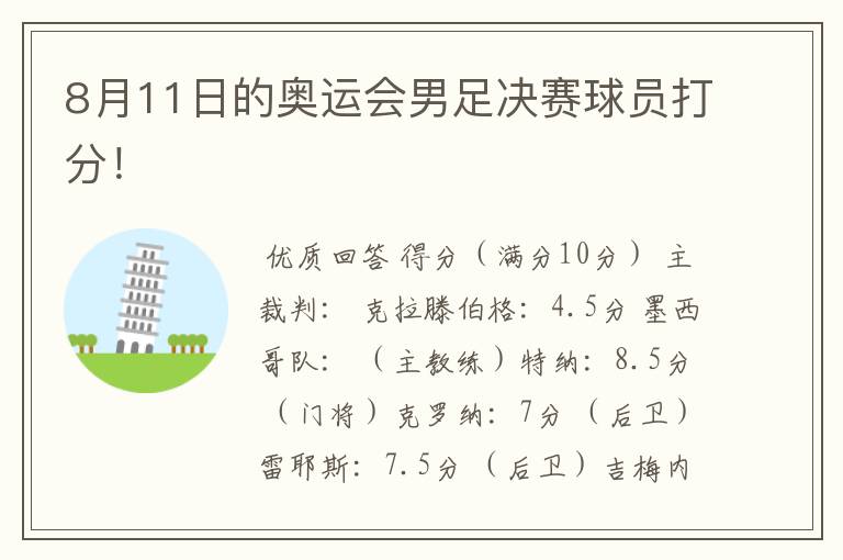 8月11日的奥运会男足决赛球员打分!