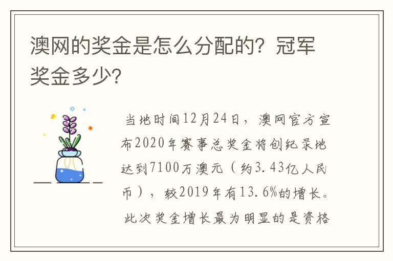 澳网的奖金是怎么分配的?冠军奖金多少?
