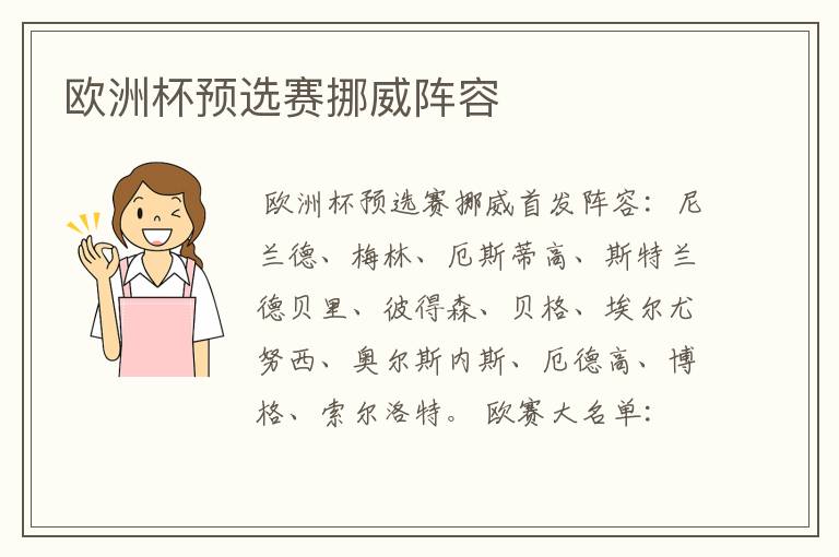 欧洲杯预选赛挪威阵容
