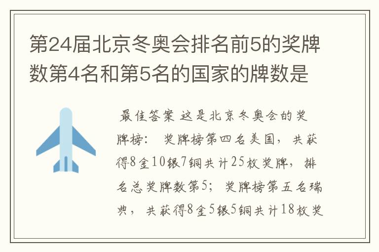 第24届北京冬奥会排名前5的奖牌数第4名和第5名的国家的牌数是多少?