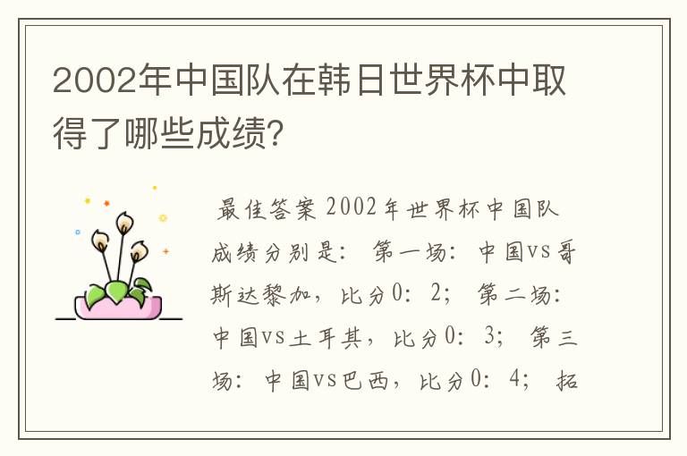 2002年中国队在韩日世界杯中取得了哪些成绩?