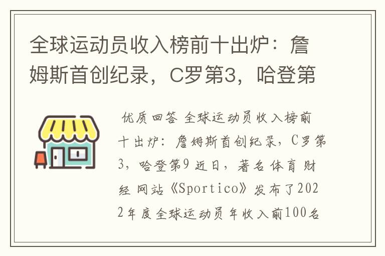 全球运动员收入榜前十出炉:詹姆斯首创纪录,C罗第3,哈登第9