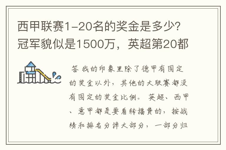 西甲联赛1-20名的奖金是多少?冠军貌似是1500万,英超第20都是4000万呀!