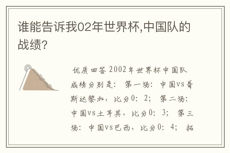 谁能告诉我02年世界杯,中国队的战绩?