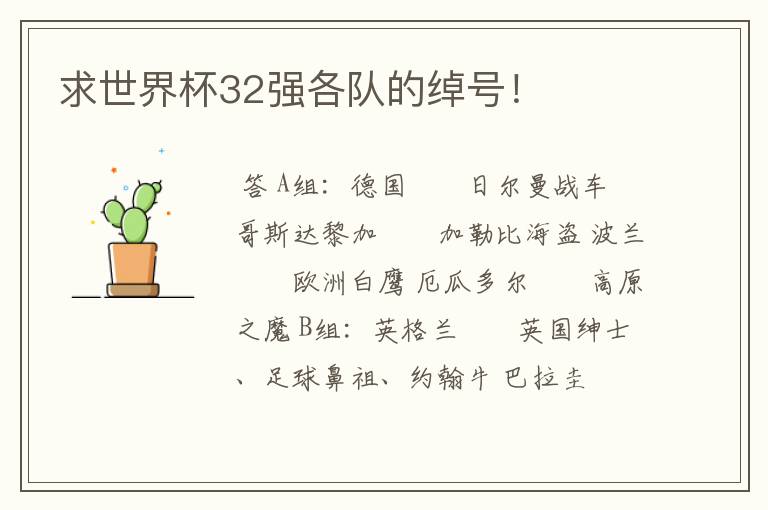 求世界杯32强各队的绰号!