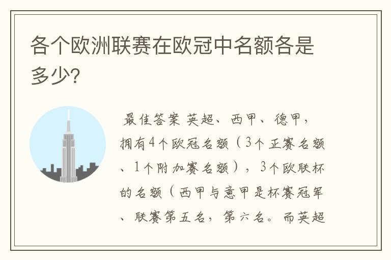 各个欧洲联赛在欧冠中名额各是多少?