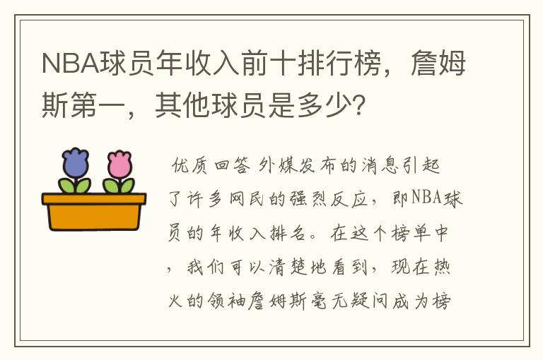 NBA球员年收入前十排行榜,詹姆斯第一,其他球员是多少?
