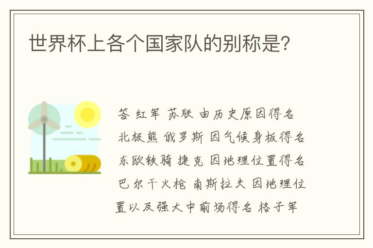 世界杯上各个国家队的别称是?