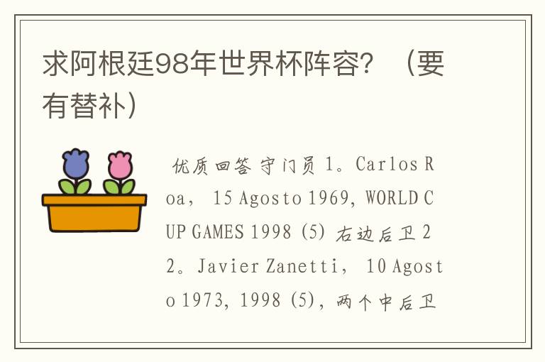 求阿根廷98年世界杯阵容?(要有替补)