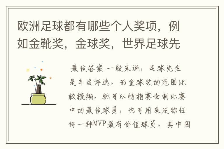欧洲足球都有哪些个人奖项,例如金靴奖,金球奖,世界足球先生的,请高人解答,要最全的个人奖项,还有每